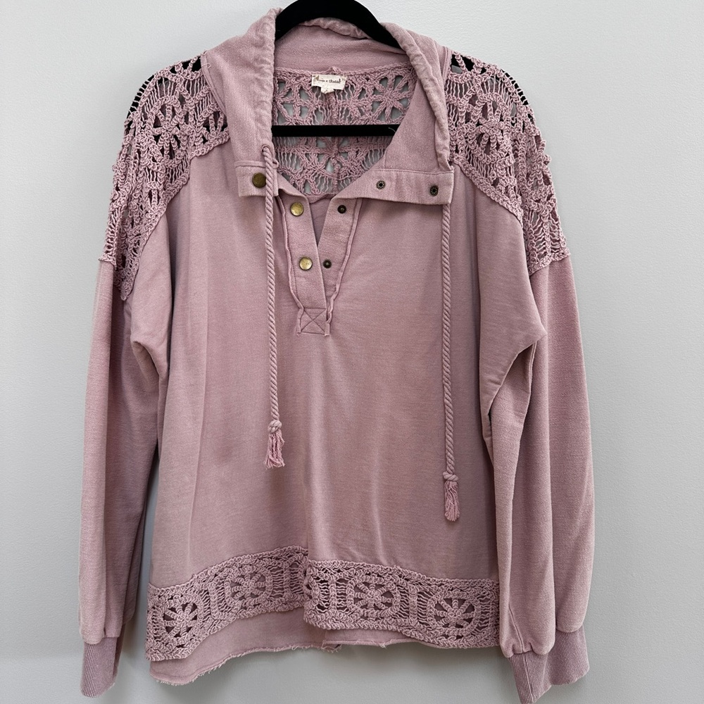 Hem & Thread Mauve Pink Crochet-Trim Hooded Pullover